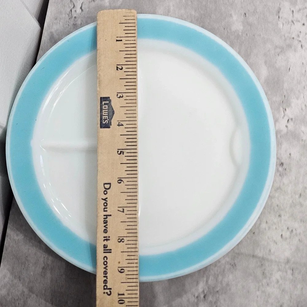 Vintage Corning Milk Glass Divided Grill Plates Turquoise Blue Rim Set of 3 9.5